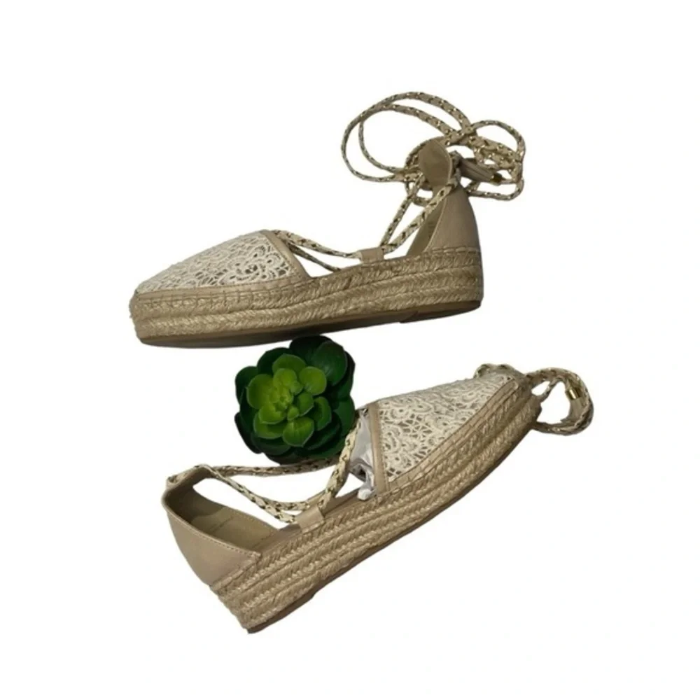 Nanette‎ Lepore Bitsy Cream and Gold Woven Platform Ankle Tie Espadrille